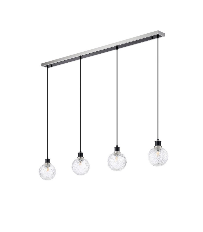 Placid 1.3m Linear Pendant 4 Light E14 15cm Round Textured Crumple Glass Shade Satin Nickel Clear & Satin Black-4