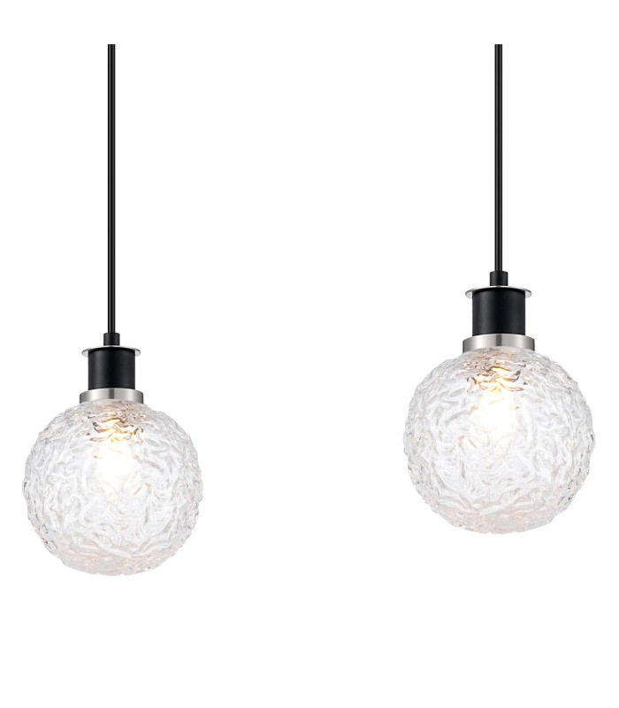 Placid 1.3m Linear Pendant 4 Light E14 15cm Round Textured Crumple Glass Shade Satin Nickel Clear & Satin Black-6