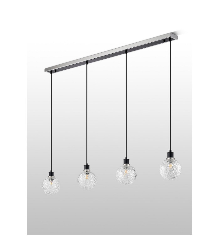 Placid 1.3m Linear Pendant 4 Light E14 15cm Round Textured Crumple Glass Shade Satin Nickel Clear & Satin Black-7
