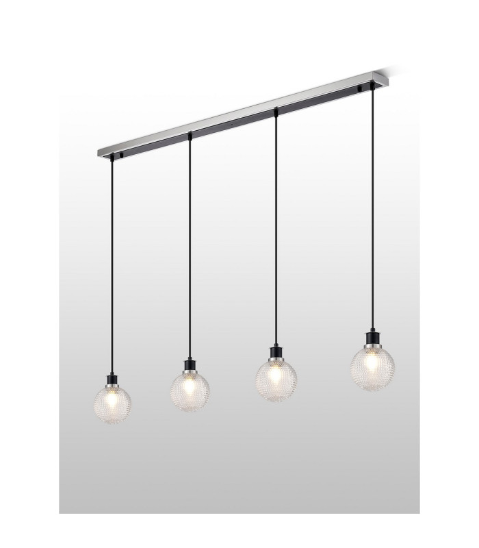 Placid 1.3m Linear Pendant 4 Light E14 15cm Round Textured Diamond Pattern Glass Shade Satin Nickel Clear & Satin Black-3