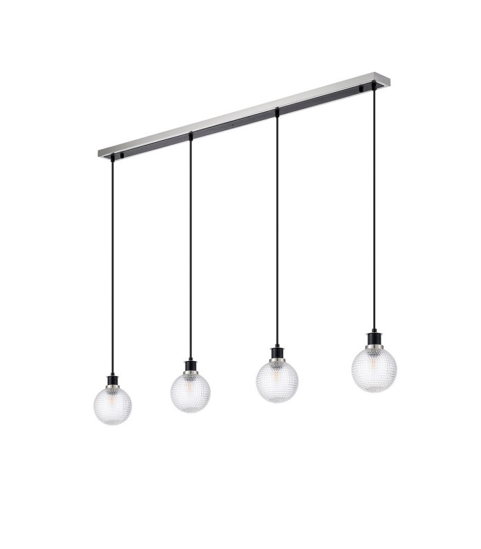 Placid 1.3m Linear Pendant 4 Light E14 15cm Round Textured Diamond Pattern Glass Shade Satin Nickel Clear & Satin Black-4