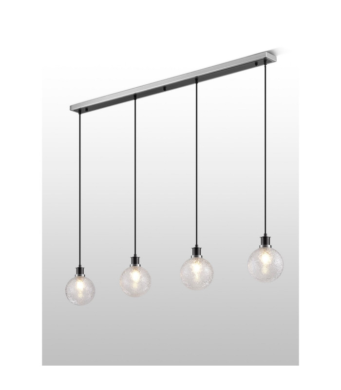 Placid 1.3m Linear Pendant 4 Light E14 15cm Round Dimpled Glass Shade Satin Nickel Clear & Satin Black-3
