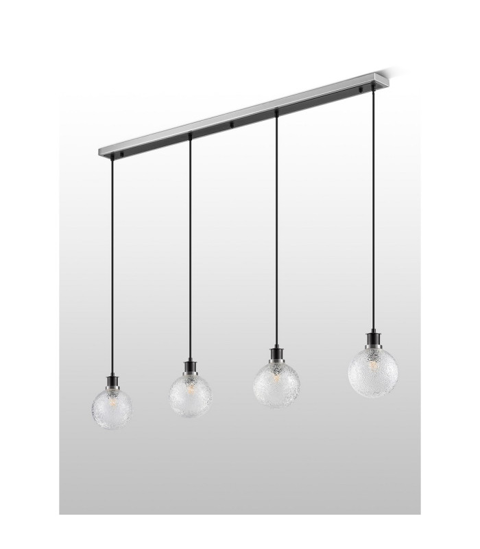 Placid 1.3m Linear Pendant 4 Light E14 15cm Round Dimpled Glass Shade Satin Nickel Clear & Satin Black-7