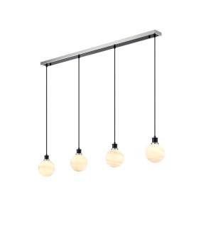 Placid 1.3m Linear Pendant 4x E14 15cm Round White & Grey Marble Effect Glass Shade Satin Nickel & Satin Black Framework-1