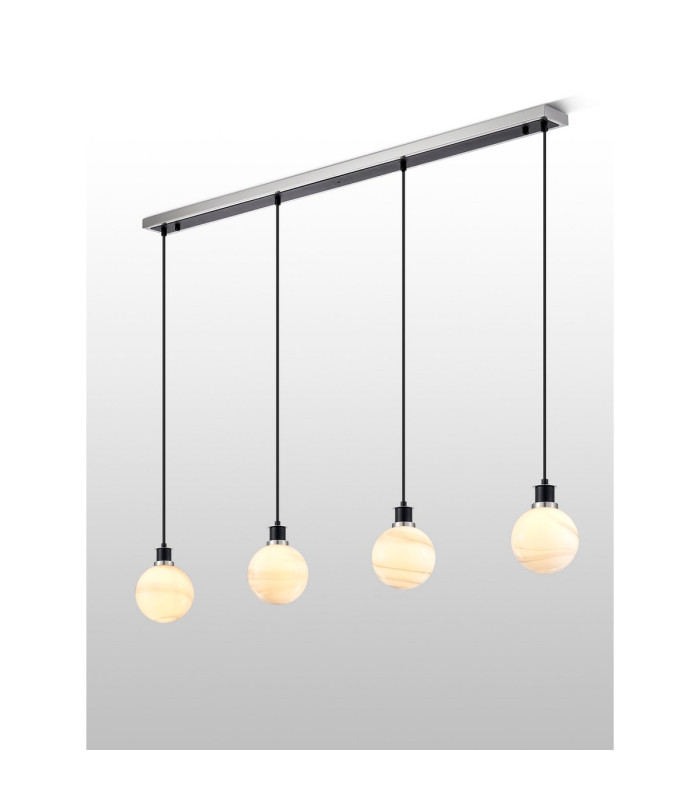 Placid 1.3m Linear Pendant 4x E14 15cm Round White & Grey Marble Effect Glass Shade Satin Nickel & Satin Black Framework-3
