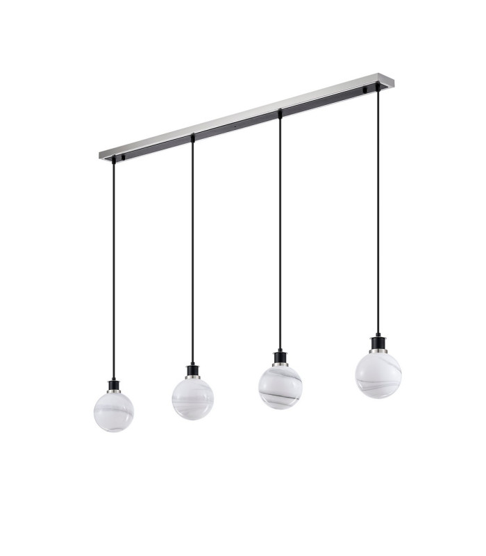 Placid 1.3m Linear Pendant 4x E14 15cm Round White & Grey Marble Effect Glass Shade Satin Nickel & Satin Black Framework-4