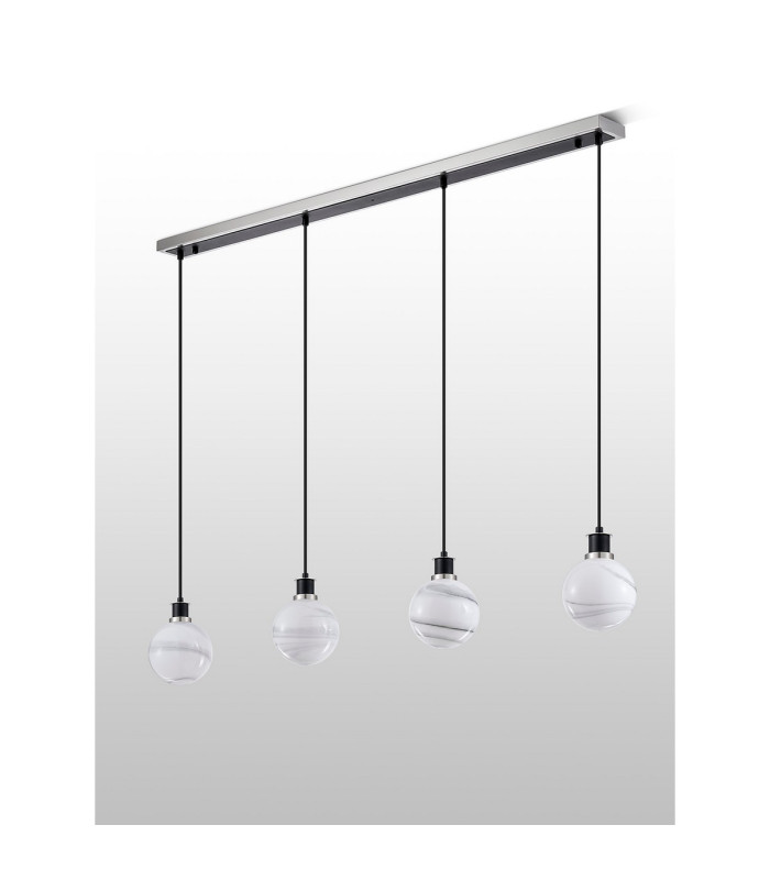 Placid 1.3m Linear Pendant 4x E14 15cm Round White & Grey Marble Effect Glass Shade Satin Nickel & Satin Black Framework-7