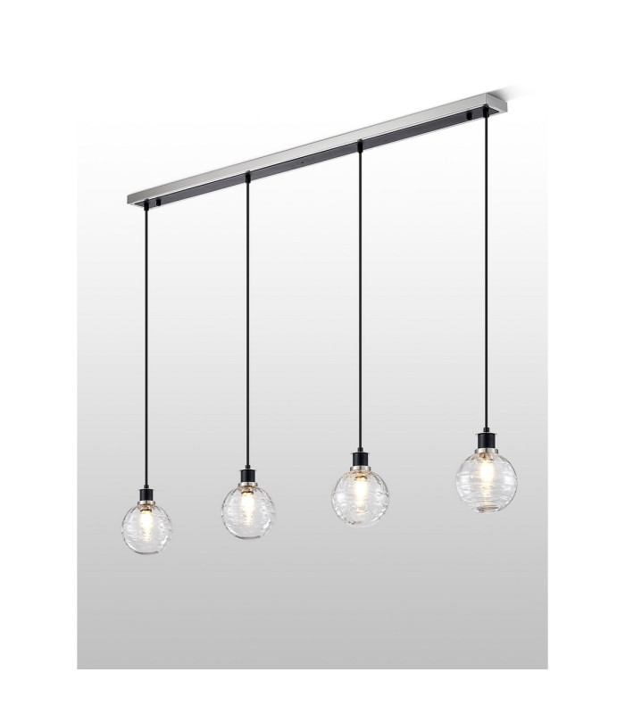 Placid 1.3m Linear Pendant 4 Light E14 15cm Round Textured Melting Glass Shade Satin Nickel Clear & Satin Black-3