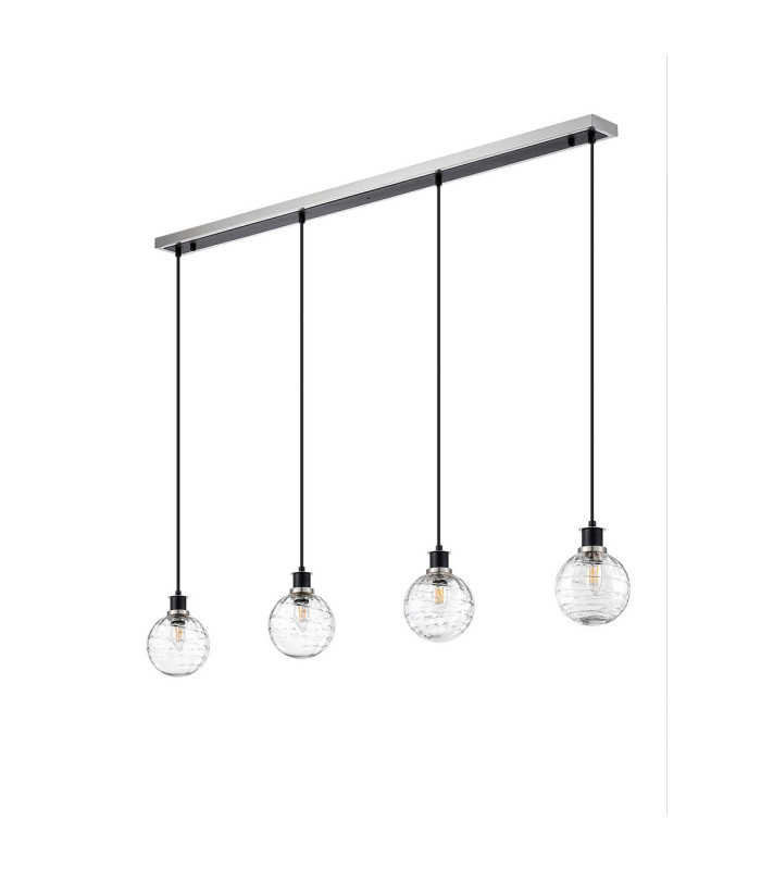 Placid 1.3m Linear Pendant 4 Light E14 15cm Round Textured Melting Glass Shade Satin Nickel Clear & Satin Black-4