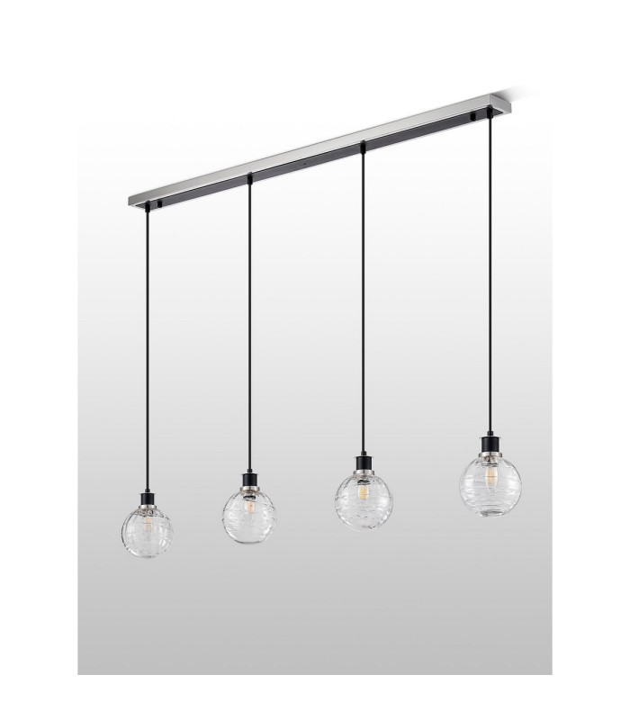 Placid 1.3m Linear Pendant 4 Light E14 15cm Round Textured Melting Glass Shade Satin Nickel Clear & Satin Black-7