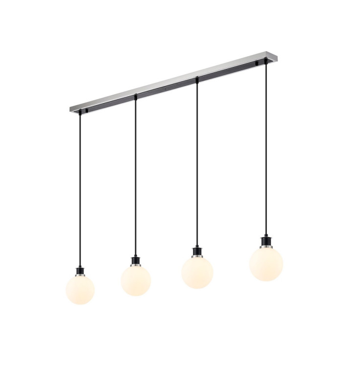 Placid 1.3m Linear Pendant 4 Light E14 15cm Round Glass Shade Satin Nickel Opal & Satin Black-1