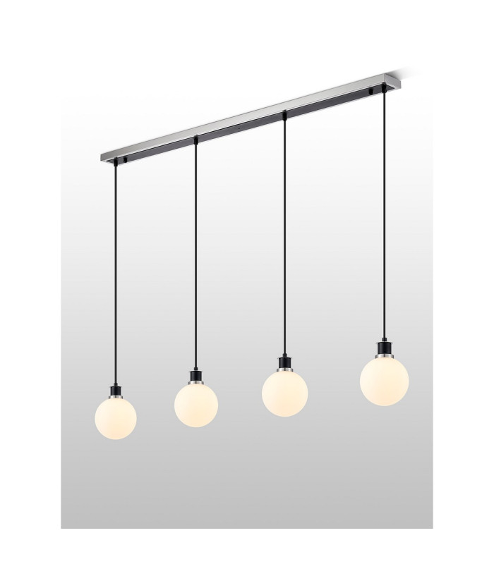 Placid 1.3m Linear Pendant 4 Light E14 15cm Round Glass Shade Satin Nickel Opal & Satin Black-3