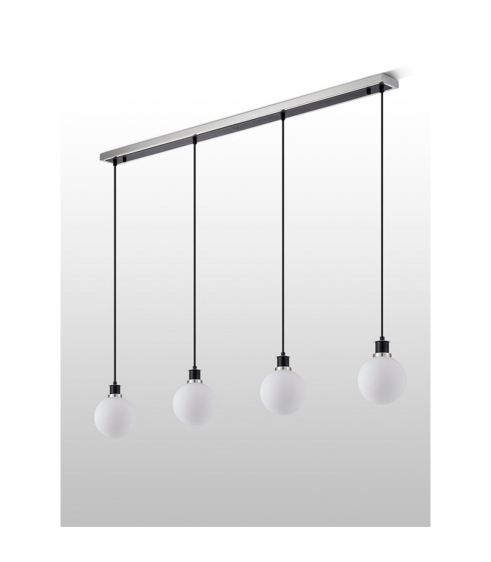 Placid 1.3m Linear Pendant 4 Light E14 15cm Round Glass Shade Satin Nickel Opal & Satin Black-7