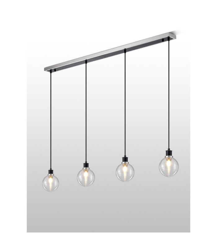 Placid 1.3m Linear Pendant 4 Light E14 15cm Round Ribbed Glass Shade Satin Nickel Clear & Satin Black-3