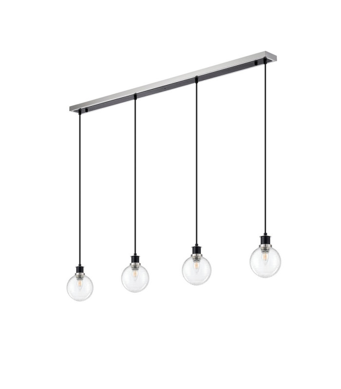 Placid 1.3m Linear Pendant 4 Light E14 15cm Round Ribbed Glass Shade Satin Nickel Clear & Satin Black-4