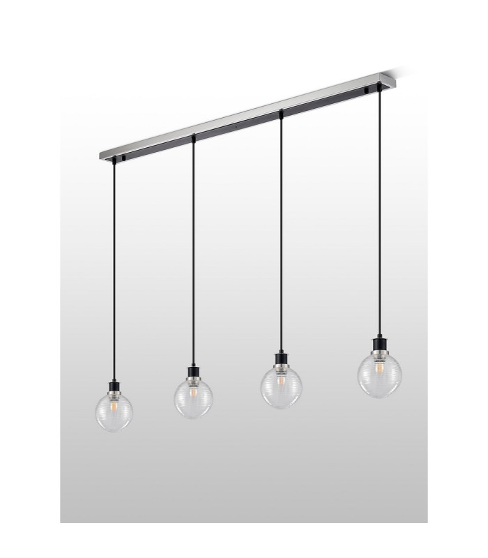 Placid 1.3m Linear Pendant 4 Light E14 15cm Round Ribbed Glass Shade Satin Nickel Clear & Satin Black-7