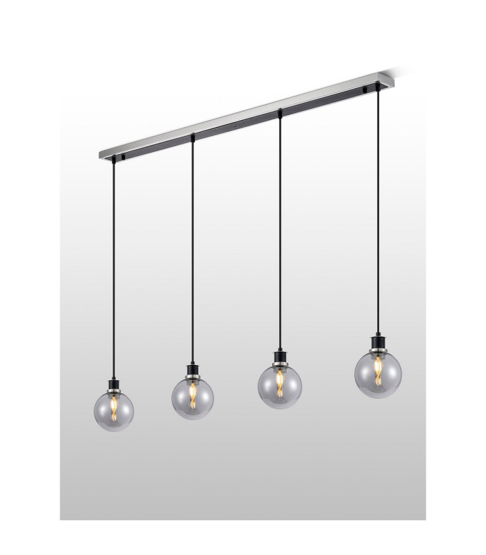 Placid 1.3m Linear Pendant 4 Light E14 15cm Round Glass Shade Satin Nickel Smoke Plated & Satin Black-3