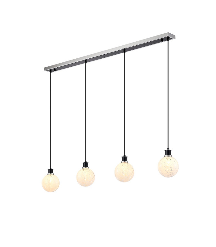 Placid 1.3m Linear Pendant 4 Light E14 15cm Round Speckled Glass Shade Satin Nickel White & Satin Black-1