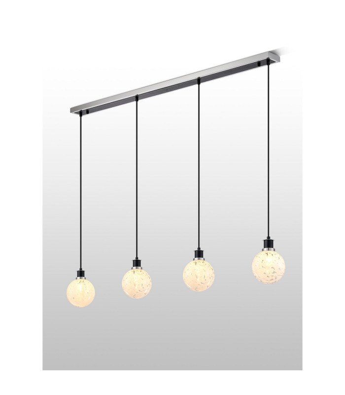 Placid 1.3m Linear Pendant 4 Light E14 15cm Round Speckled Glass Shade Satin Nickel White & Satin Black-3