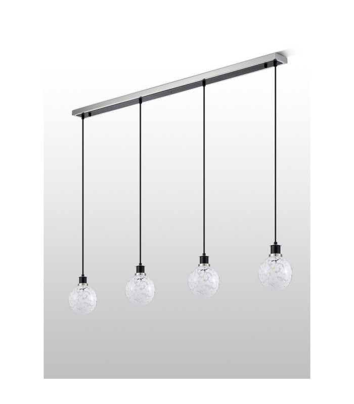 Placid 1.3m Linear Pendant 4 Light E14 15cm Round Speckled Glass Shade Satin Nickel White & Satin Black-7