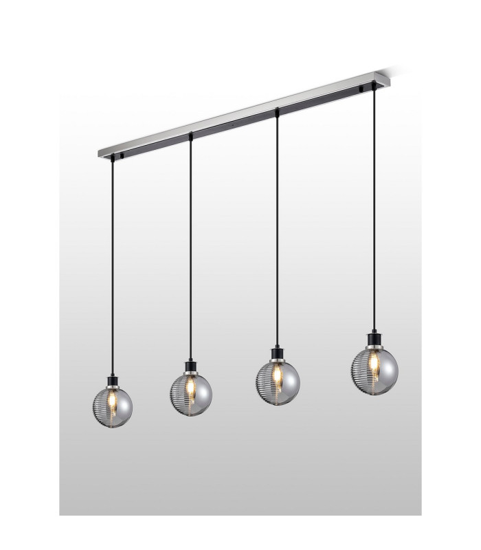 Placid 1.3m Linear Pendant 4x E14 15cm Round Textured Smooth/Ribbed Glass Shade Satin Nickel Smoke Plated & Satin Black-3