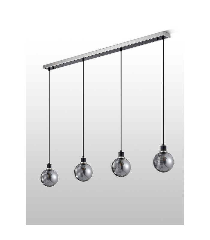 Placid 1.3m Linear Pendant 4x E14 15cm Round Textured Smooth/Ribbed Glass Shade Satin Nickel Smoke Plated & Satin Black-7