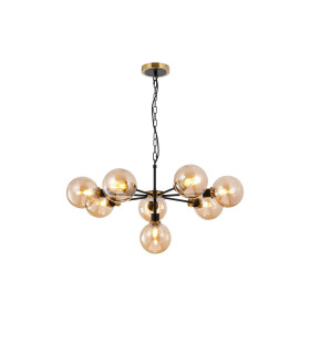 Placid 84cm Pendant 8 Light E14 15cm Round Glass Shade Brass Amber Plated & Satin Black-1