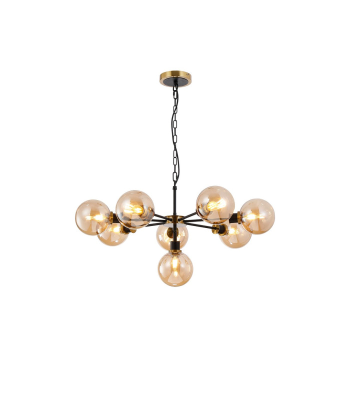 Placid 84cm Pendant 8 Light E14 15cm Round Glass Shade Brass Amber Plated & Satin Black-1