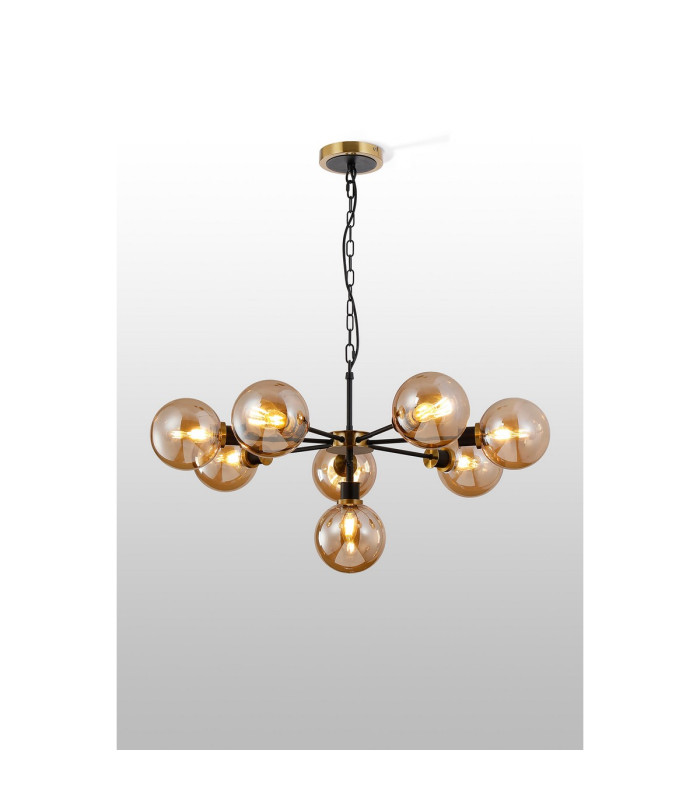 Placid 84cm Pendant 8 Light E14 15cm Round Glass Shade Brass Amber Plated & Satin Black-3