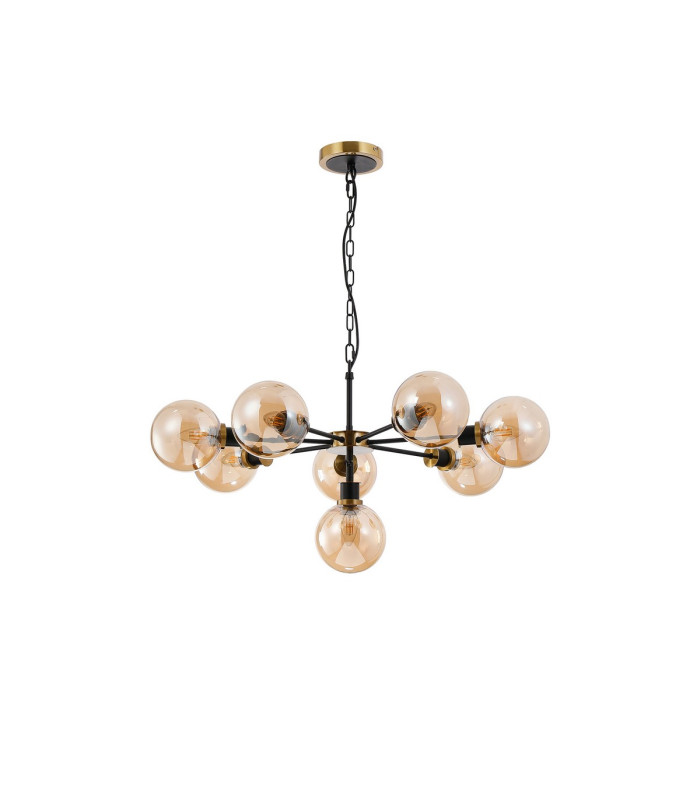Placid 84cm Pendant 8 Light E14 15cm Round Glass Shade Brass Amber Plated & Satin Black-4