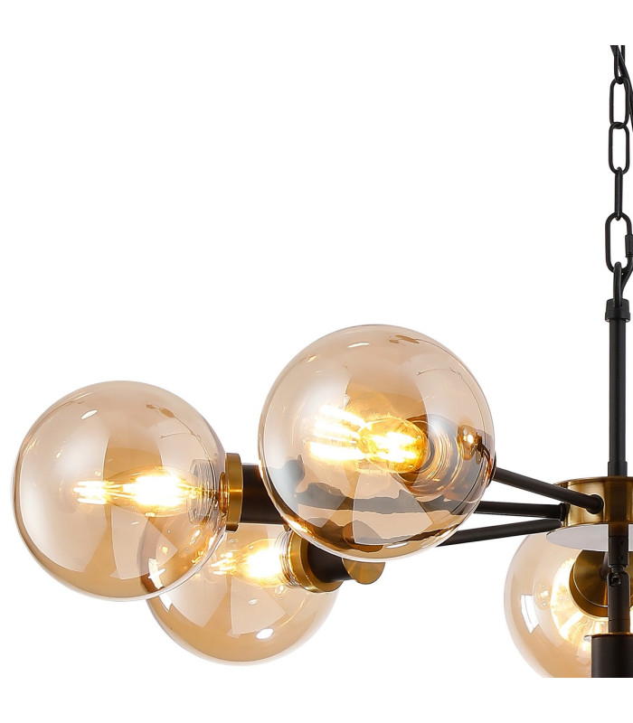 Placid 84cm Pendant 8 Light E14 15cm Round Glass Shade Brass Amber Plated & Satin Black-6