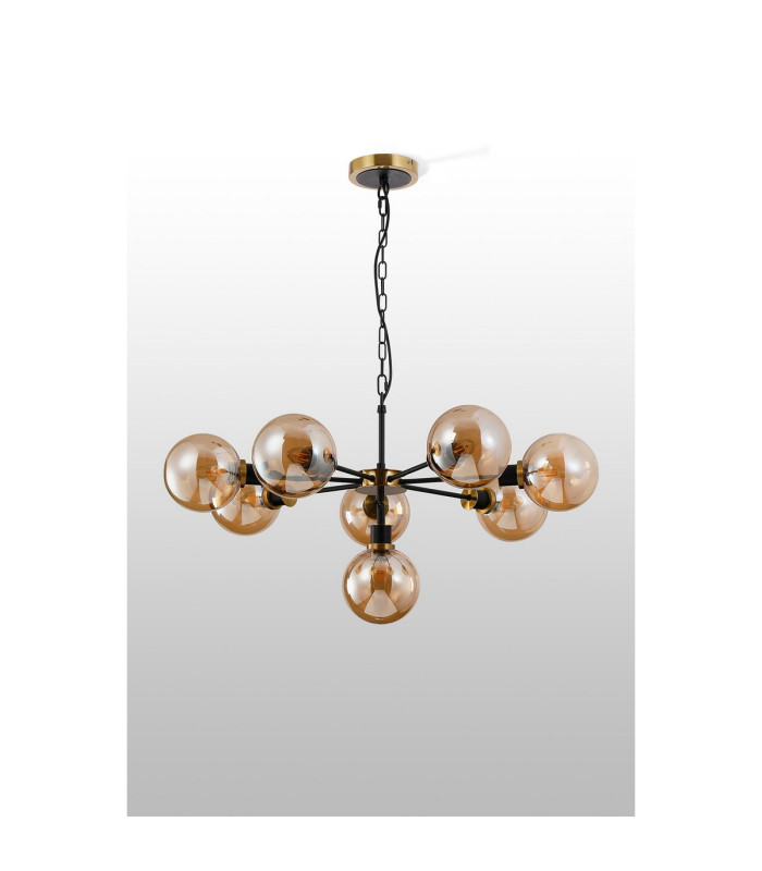 Placid 84cm Pendant 8 Light E14 15cm Round Glass Shade Brass Amber Plated & Satin Black-8