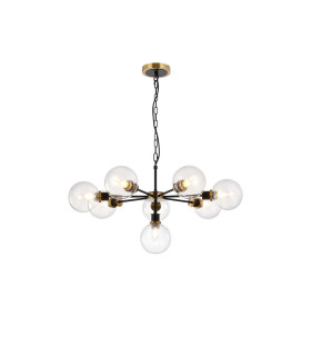 Placid 84cm Pendant 8 Light E14 15cm Round Glass Shade Brass Clear & Satin Black-1