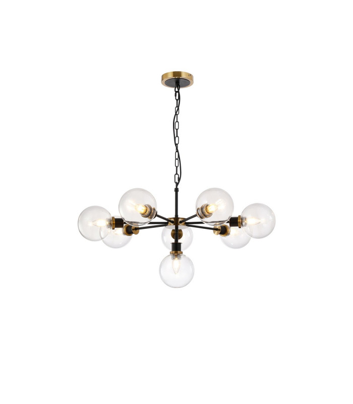 Placid 84cm Pendant 8 Light E14 15cm Round Glass Shade Brass Clear & Satin Black-1