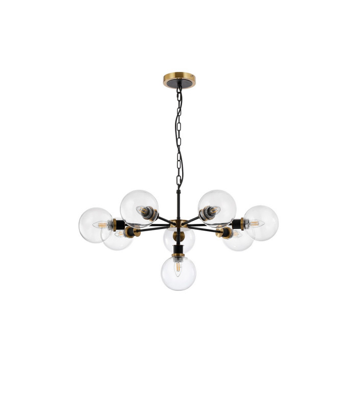 Placid 84cm Pendant 8 Light E14 15cm Round Glass Shade Brass Clear & Satin Black-3