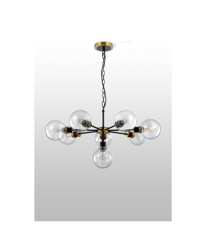 Placid 84cm Pendant 8 Light E14 15cm Round Glass Shade Brass Clear & Satin Black-7