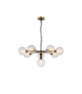 Placid 84cm Pendant 8 Light E14 15cm Round Crackled Glass Shade Brass Clear & Satin Black-1