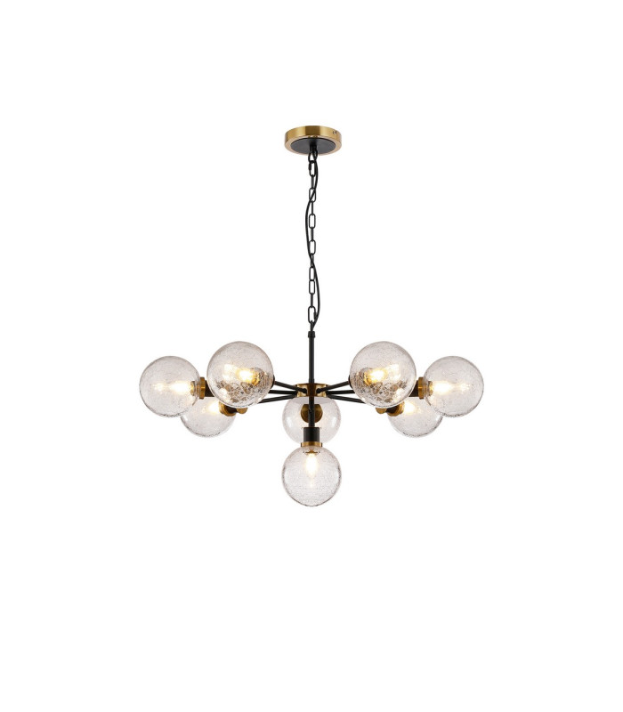 Placid 84cm Pendant 8 Light E14 15cm Round Crackled Glass Shade Brass Clear & Satin Black-1