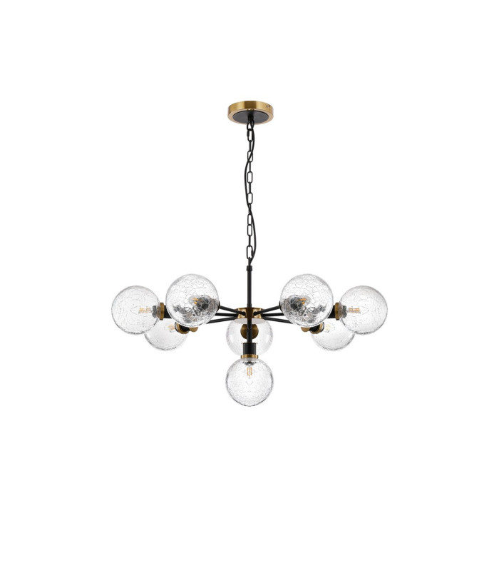 Placid 84cm Pendant 8 Light E14 15cm Round Crackled Glass Shade Brass Clear & Satin Black-3