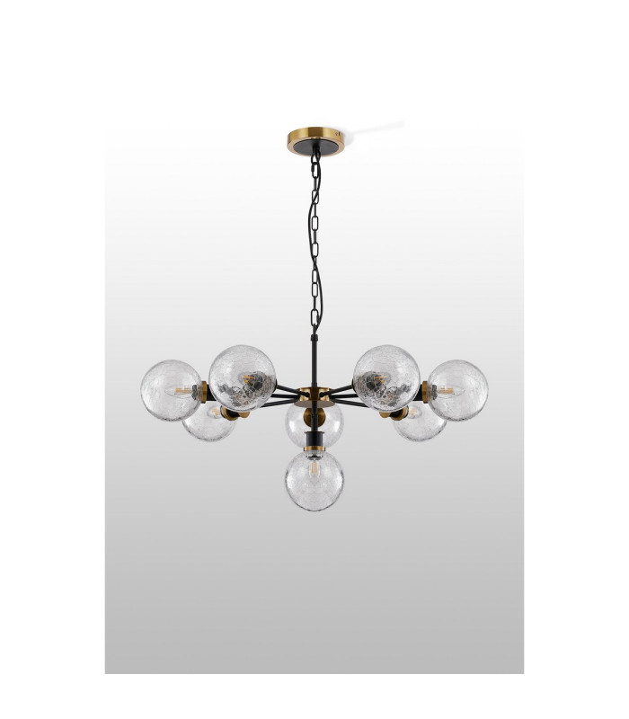 Placid 84cm Pendant 8 Light E14 15cm Round Crackled Glass Shade Brass Clear & Satin Black-7