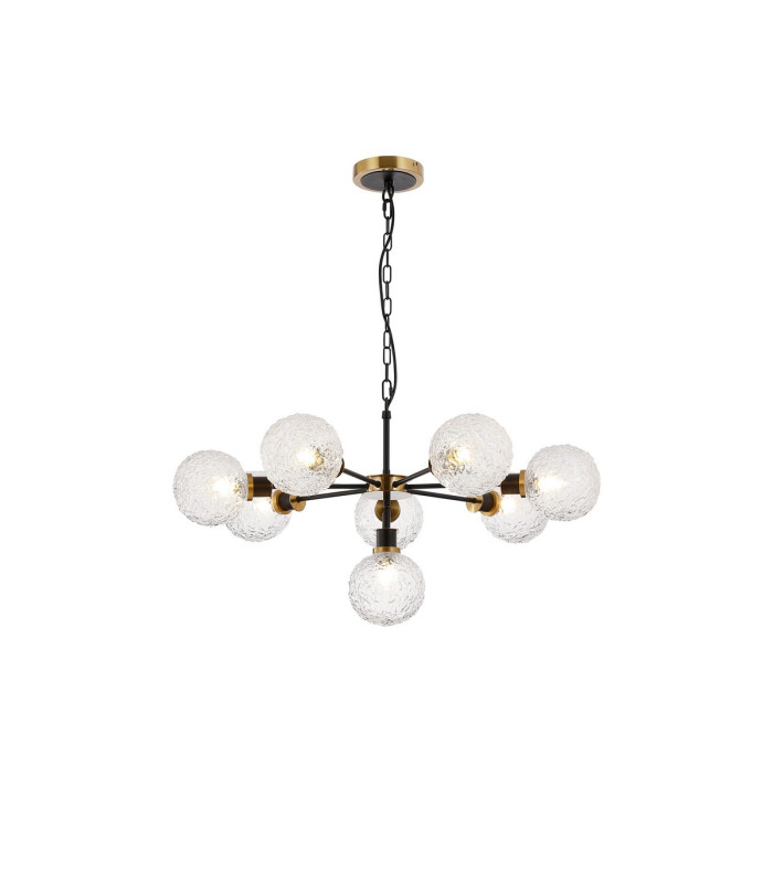Placid 84cm Pendant 8 Light E14 15cm Round Textured Crumple Glass Shade Brass Clear & Satin Black-1