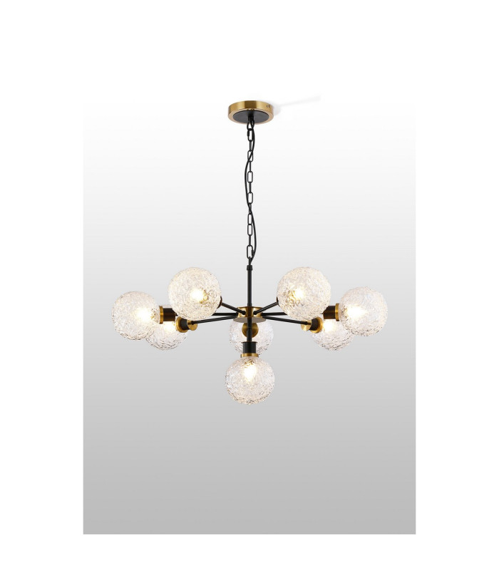 Placid 84cm Pendant 8 Light E14 15cm Round Textured Crumple Glass Shade Brass Clear & Satin Black-3