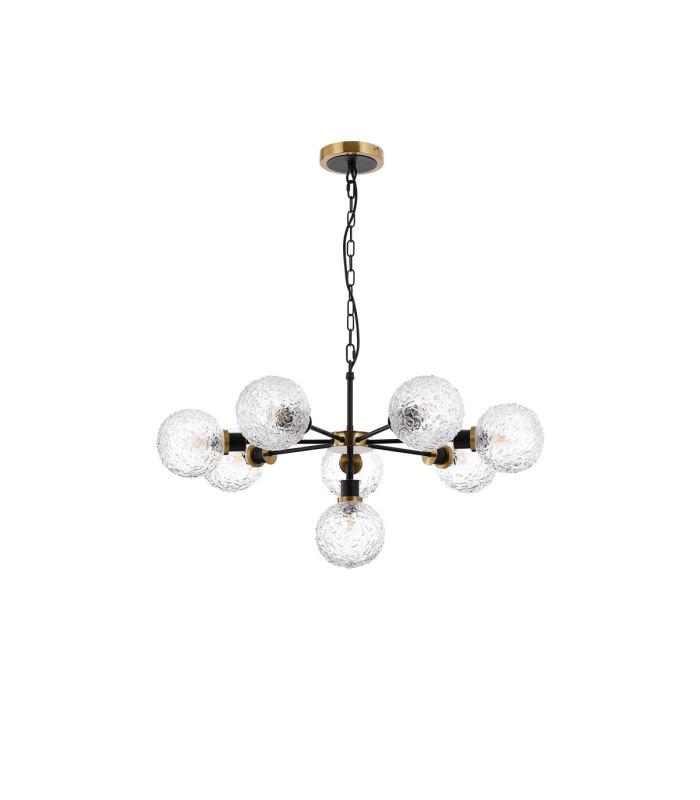Placid 84cm Pendant 8 Light E14 15cm Round Textured Crumple Glass Shade Brass Clear & Satin Black-4