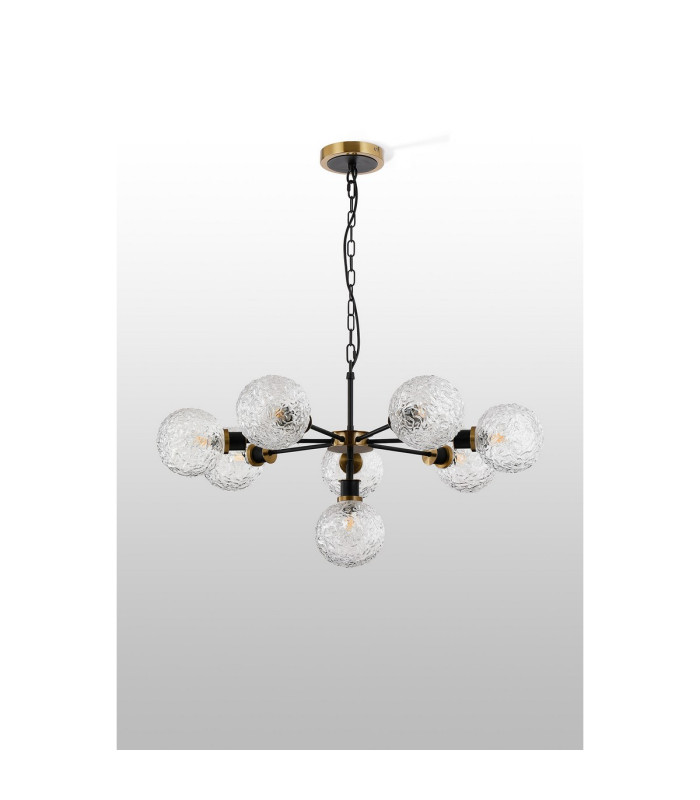 Placid 84cm Pendant 8 Light E14 15cm Round Textured Crumple Glass Shade Brass Clear & Satin Black-8