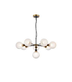 Placid 84cm Pendant 8 Light E14 15cm Round Textured Diamond Pattern Glass Shade Brass Clear & Satin Black-1
