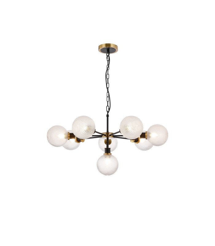 Placid 84cm Pendant 8 Light E14 15cm Round Textured Diamond Pattern Glass Shade Brass Clear & Satin Black-1