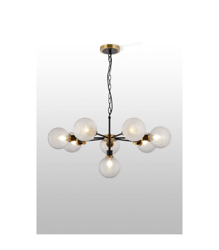 Placid 84cm Pendant 8 Light E14 15cm Round Textured Diamond Pattern Glass Shade Brass Clear & Satin Black-3