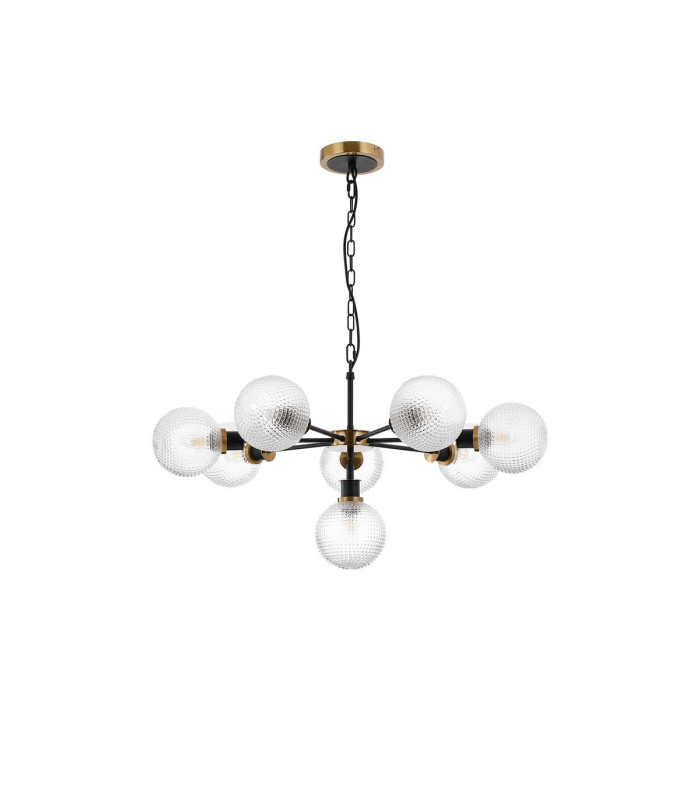 Placid 84cm Pendant 8 Light E14 15cm Round Textured Diamond Pattern Glass Shade Brass Clear & Satin Black-4
