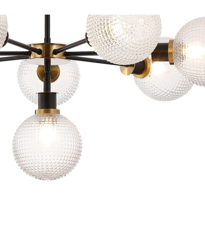Placid 84cm Pendant 8 Light E14 15cm Round Textured Diamond Pattern Glass Shade Brass Clear & Satin Black-7