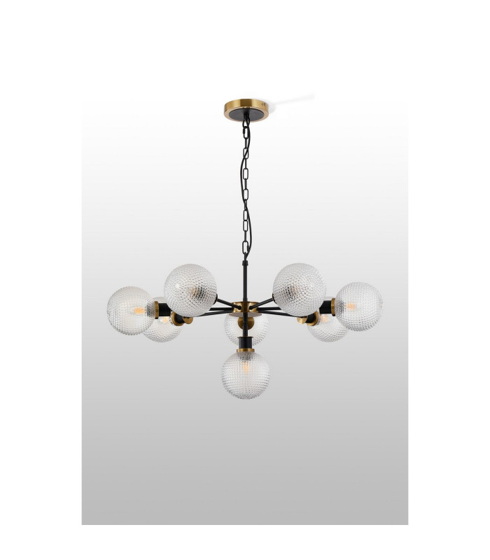 Placid 84cm Pendant 8 Light E14 15cm Round Textured Diamond Pattern Glass Shade Brass Clear & Satin Black-8